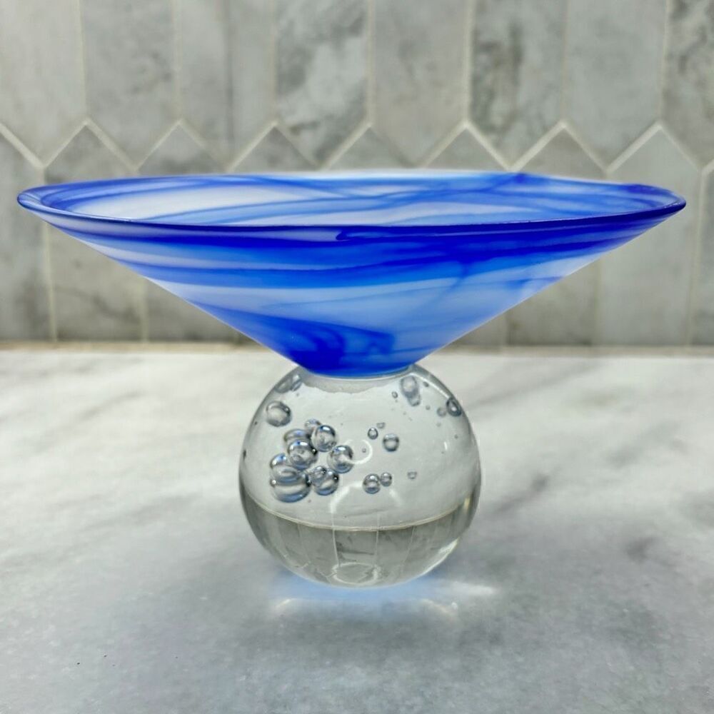 Frosted Swirl Glass Bowl W/ Glass Ball Base With Bubbles Art Glass Blue OS